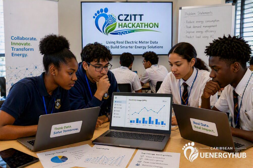 Secondary-school students analyze real electricity meter data on laptops at the CZITT AI Energy Hackathon, powered by the Caribbean UEnergyHub.